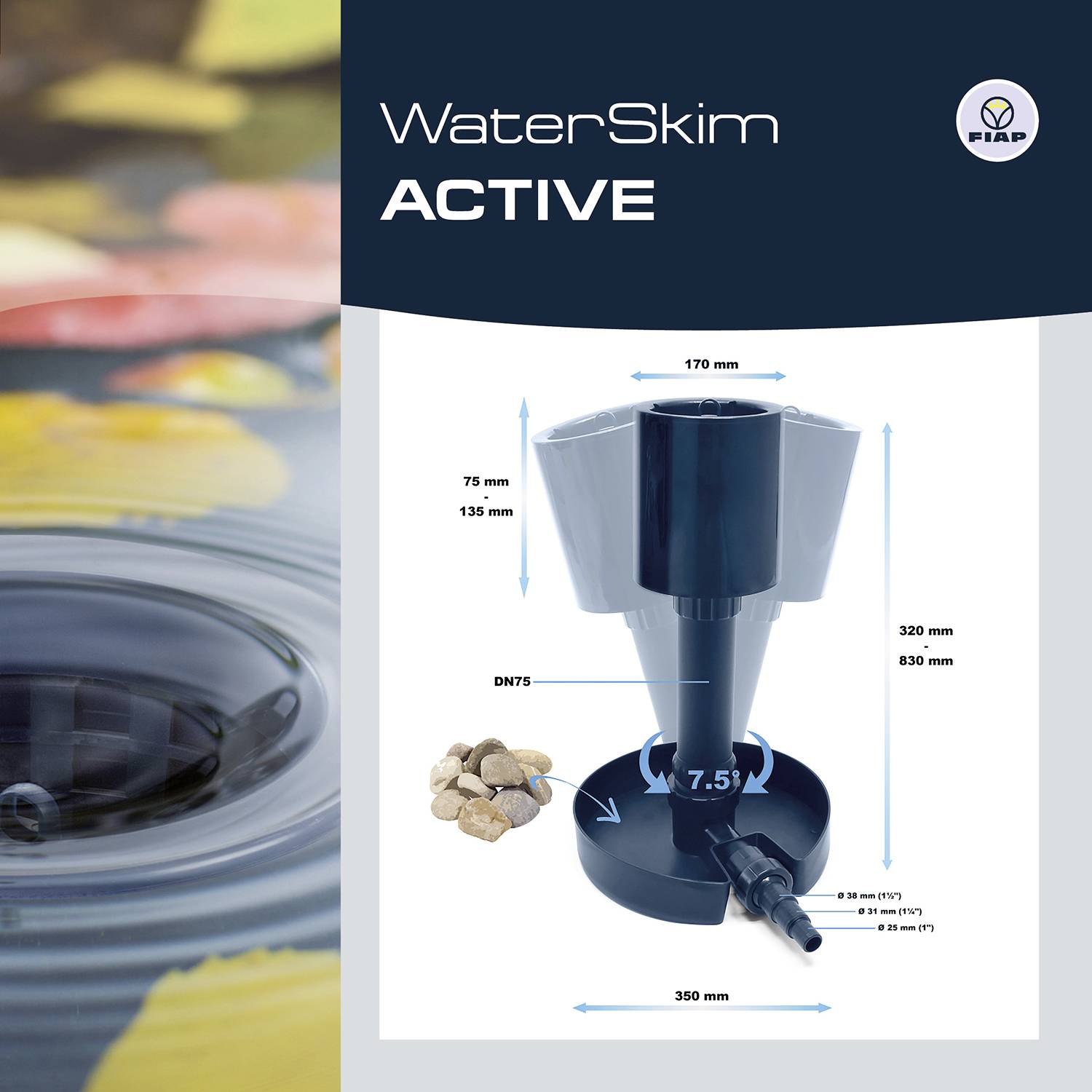 Prezentácia 'WaterSkim Active': Modré zariadenie s rozmermi. Výška 330 mm, šírka 350 mm, priemer potrubia 75 mm. Logo FIBAP v pravom hornom rohu.