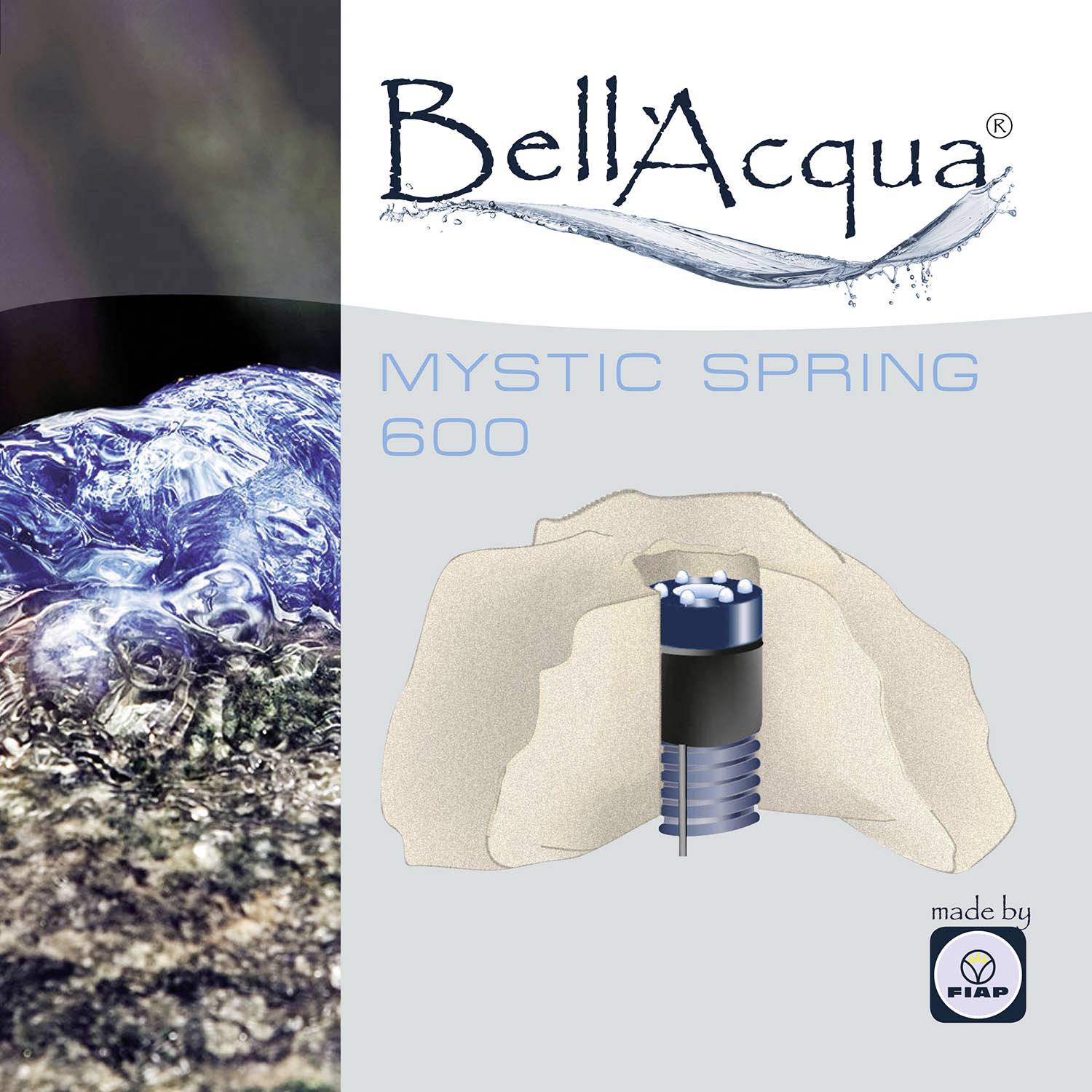 Grafika zobrazuje nápis 'BellAqua Mystic Spring 600' vedľa obrázku modrej vodnej pumpy zasadenej do kameňa.
