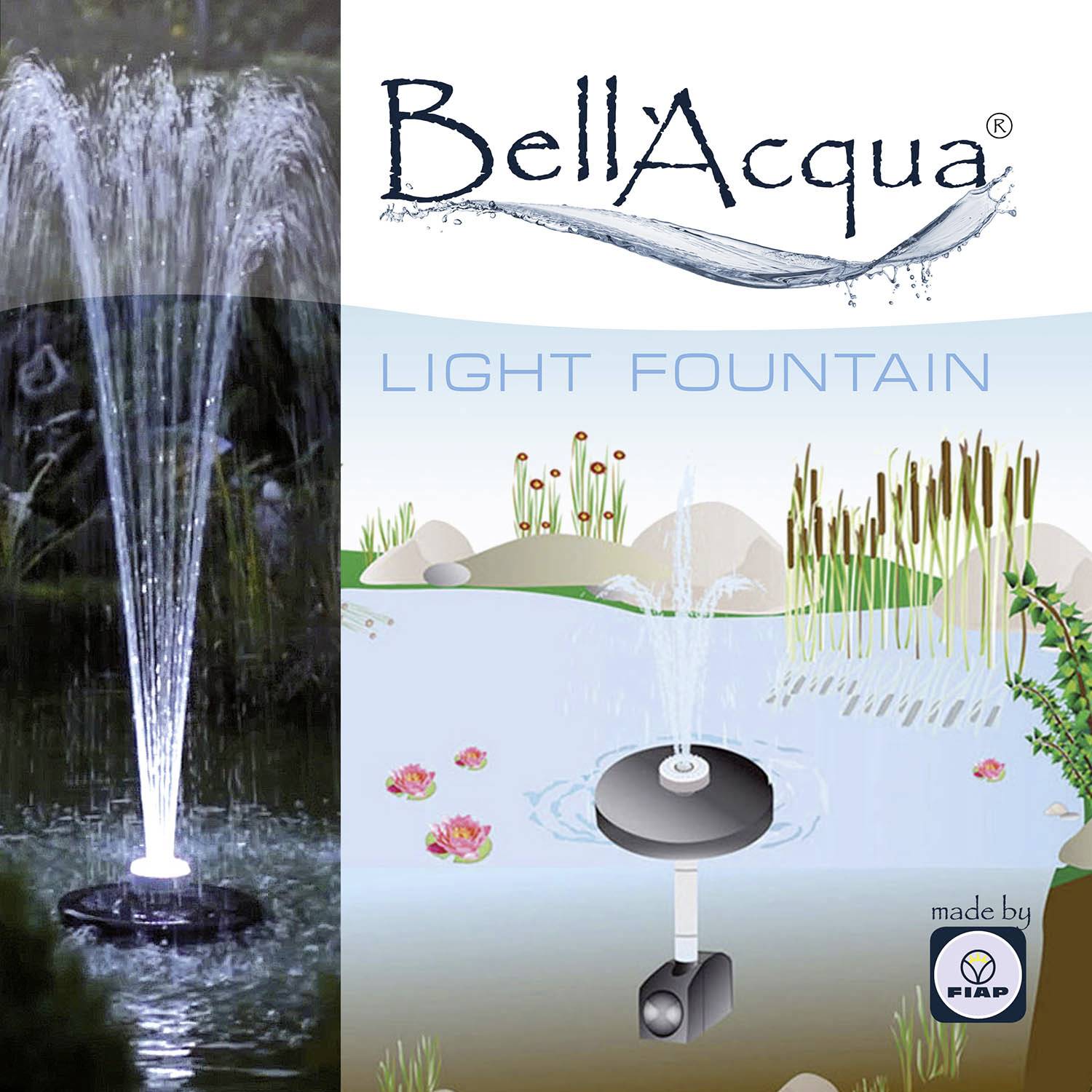 Nápis 'BellAqua Light Fountain' s grafikou osvetlenej vodnej fontány. Vľavo fotografia striekajúcej fontány v tme.