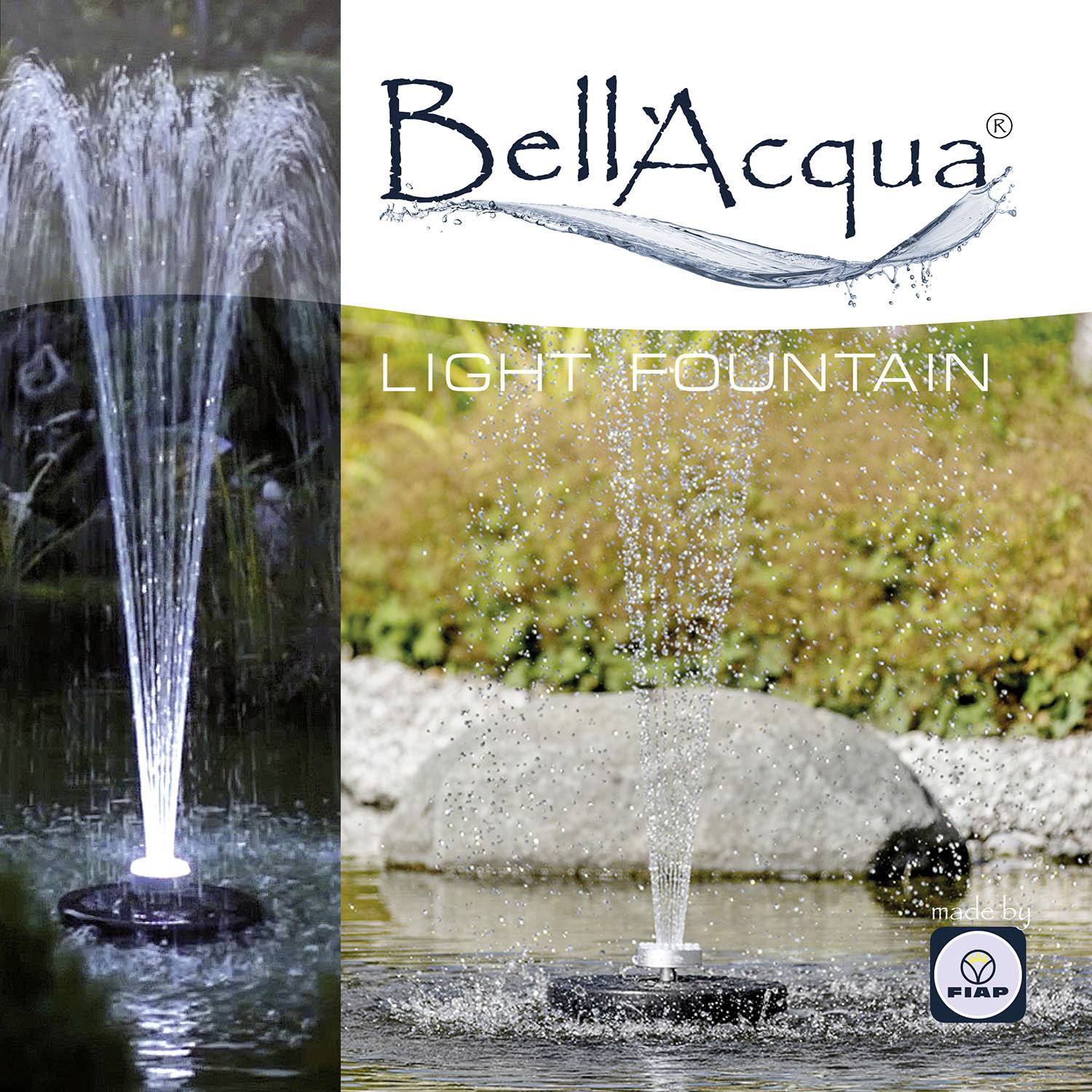 Logo "BellAqua Light Fountain" a obrázok osvetlenej fontány v záhrade s tryskajúcim vodným prúdom.