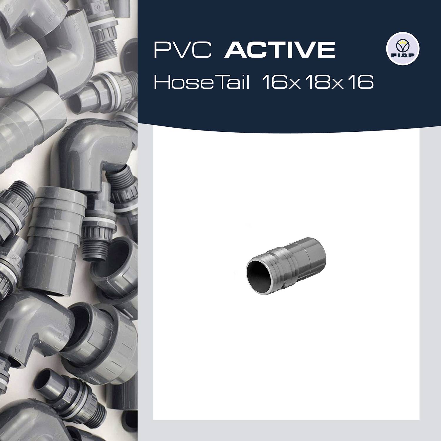 'PVC ACTIVE Hadicový nadstavec 16x18x16' v centre pozornosti. Niekoľko šedých PVC pripojení v pozadí. Logo v pravom hornom rohu.