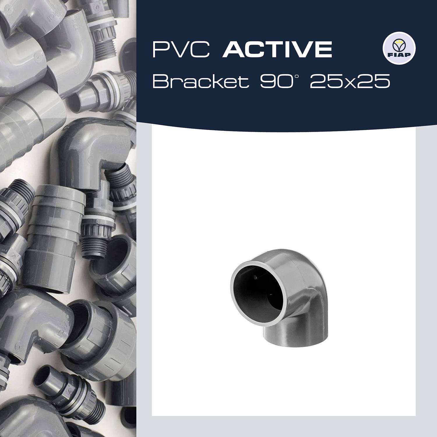 'PVC ACTIVE Konzola 90° 25x25' s obrázkom sivého PVC uhlového fitting-u, obklopeného podobnými fitting-ami, zobrazené na produktovej reklame.