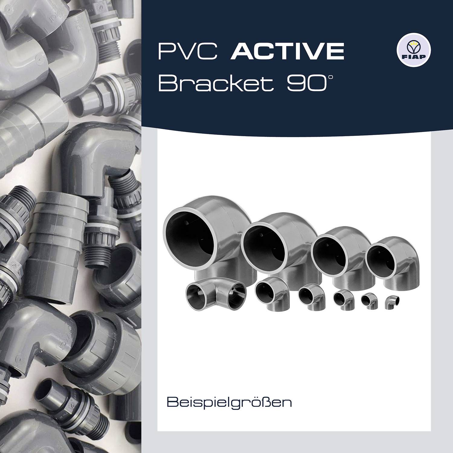'PVC ACTIVE Brackets 90°' – Výber PVC uholníkov v rôznych veľkostiach, prezentovaný v reklamnej brožúre.