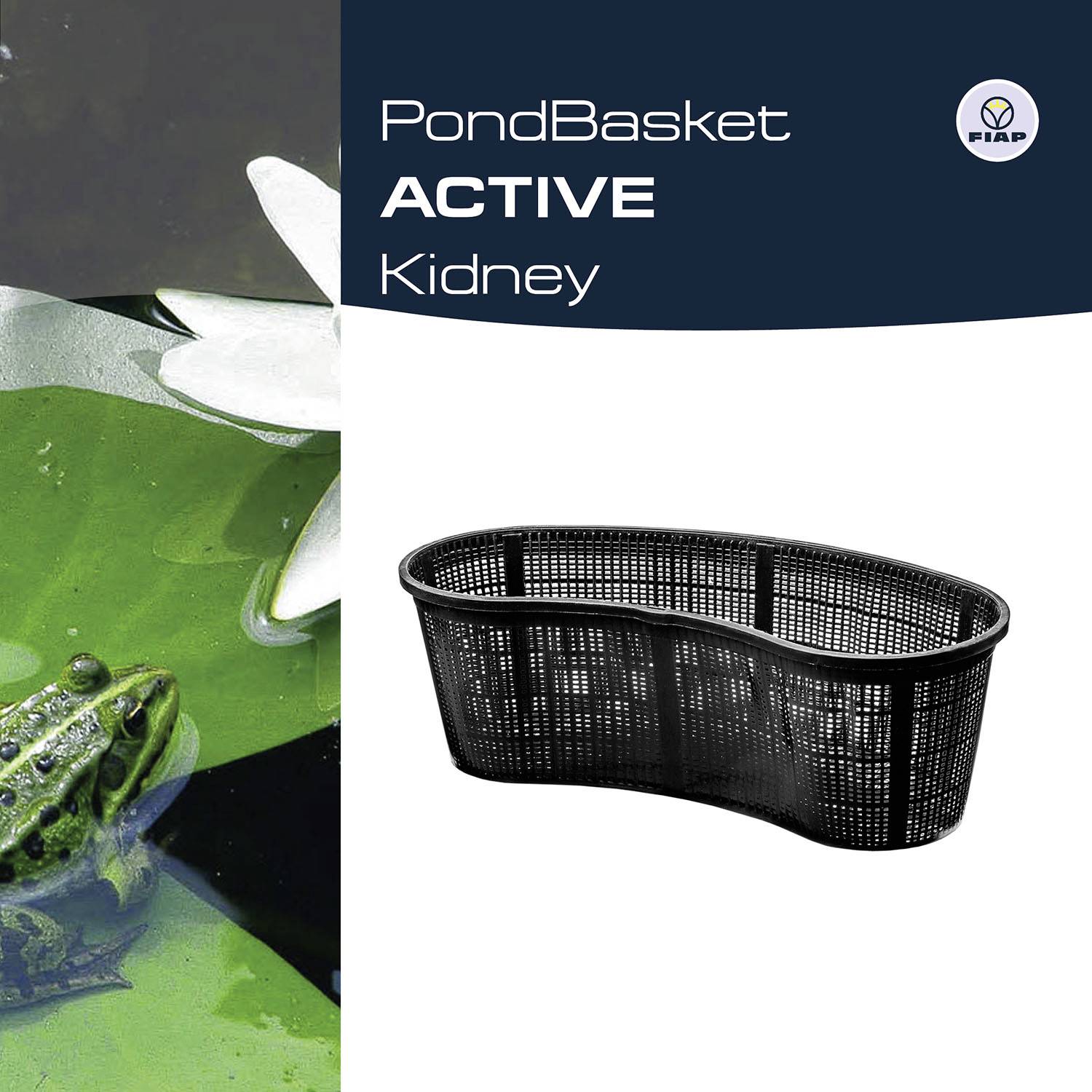 'PondBasket Obličkový'. Obrázok zobrazuje čierny košík v tvare obličky vedľa fotografie jazera s žabou a leknínom.