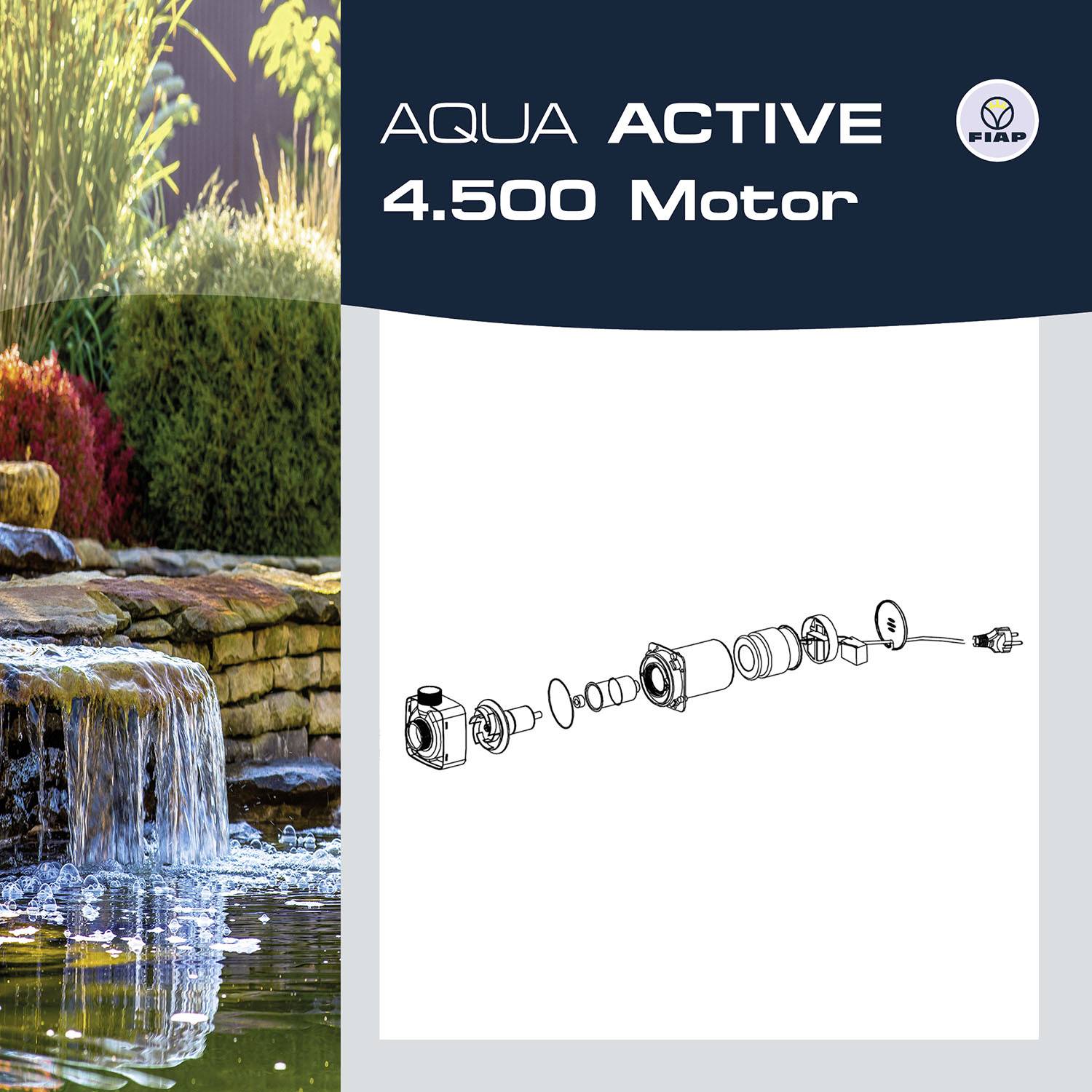 Vodopád v záhrade s motorom Aqua Active 4.500 a výkresová schéma rozloženého motora s dielmi a logom v pravom hornom rohu.