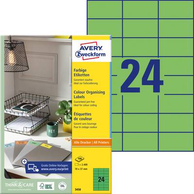 Etikety 'Avery Zweckform': Farebné etikety pre organizáciu, 24 na hárok. Cieľ: Prehľadnosť a poriadok v kancelárii.