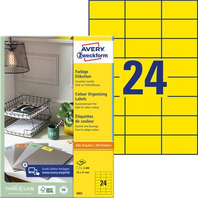 Balenie etikiet 'AVERY Zweckform' s 24 žltými samolepkami. Obsahuje farebné etikety na organizáciu. Vhodné pre všetky tlačiarne.