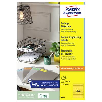 Avery Zweckform farebné organizačné etikety v multiple jazykoch, zobrazujúce 2 400 bezplatných šablón, 70 x 37 mm, 24 etikiet na hárok.