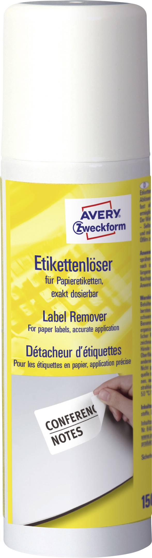 Valček s nápisom 'Odstraňovač etikiet' od Avery Zweckform, vhodný na odstraňovanie papierových etikiet a ich čisté a bezzvyškové stiahnutie.