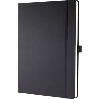 Čierny hardcover poznámkový blok s elastickou uzatváracou páskou, zobrazený zatvorknutý na bielom pozadí.