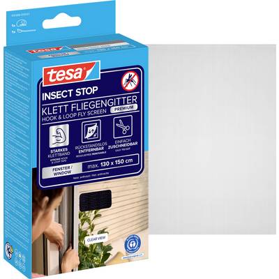 Súprava tesa Insect Stop so suchým zipsom na muškári pre okná, označená „Klett Fliegengitter Premium" s ľahko strihateľnou, odnímateľnou sieťkou.