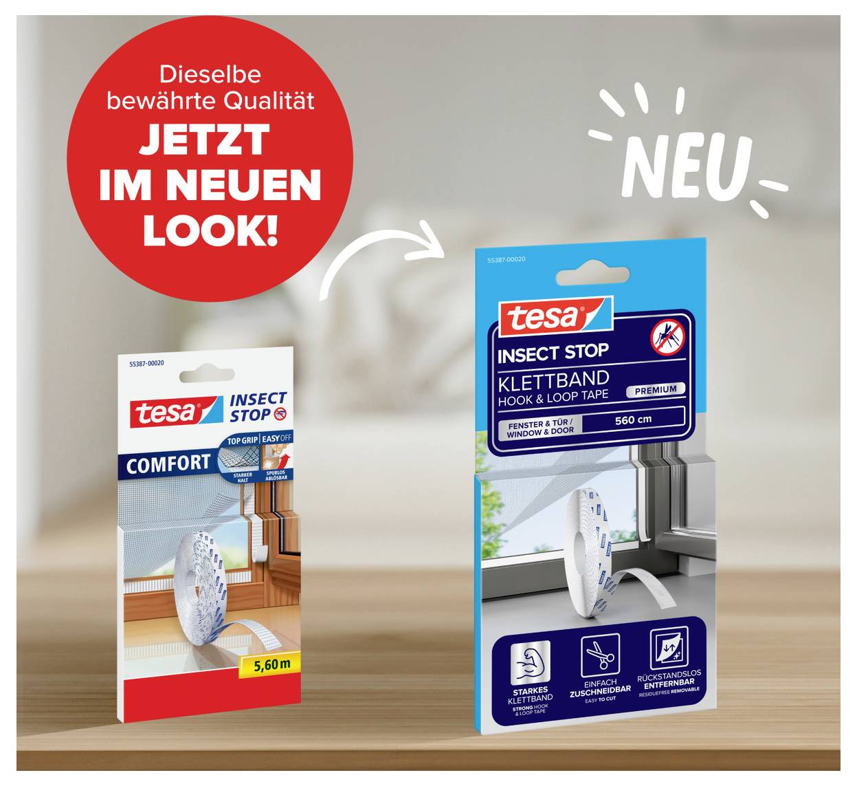 Dva produkty tesa v novom dizajne balenia: vľavo 'Insect Stop Comfort', vpravo 'Insect Stop Klettband Hook & Loop Tape'; poznámka 'Rovnaká overená kvalita teraz v novom vzhľade!'