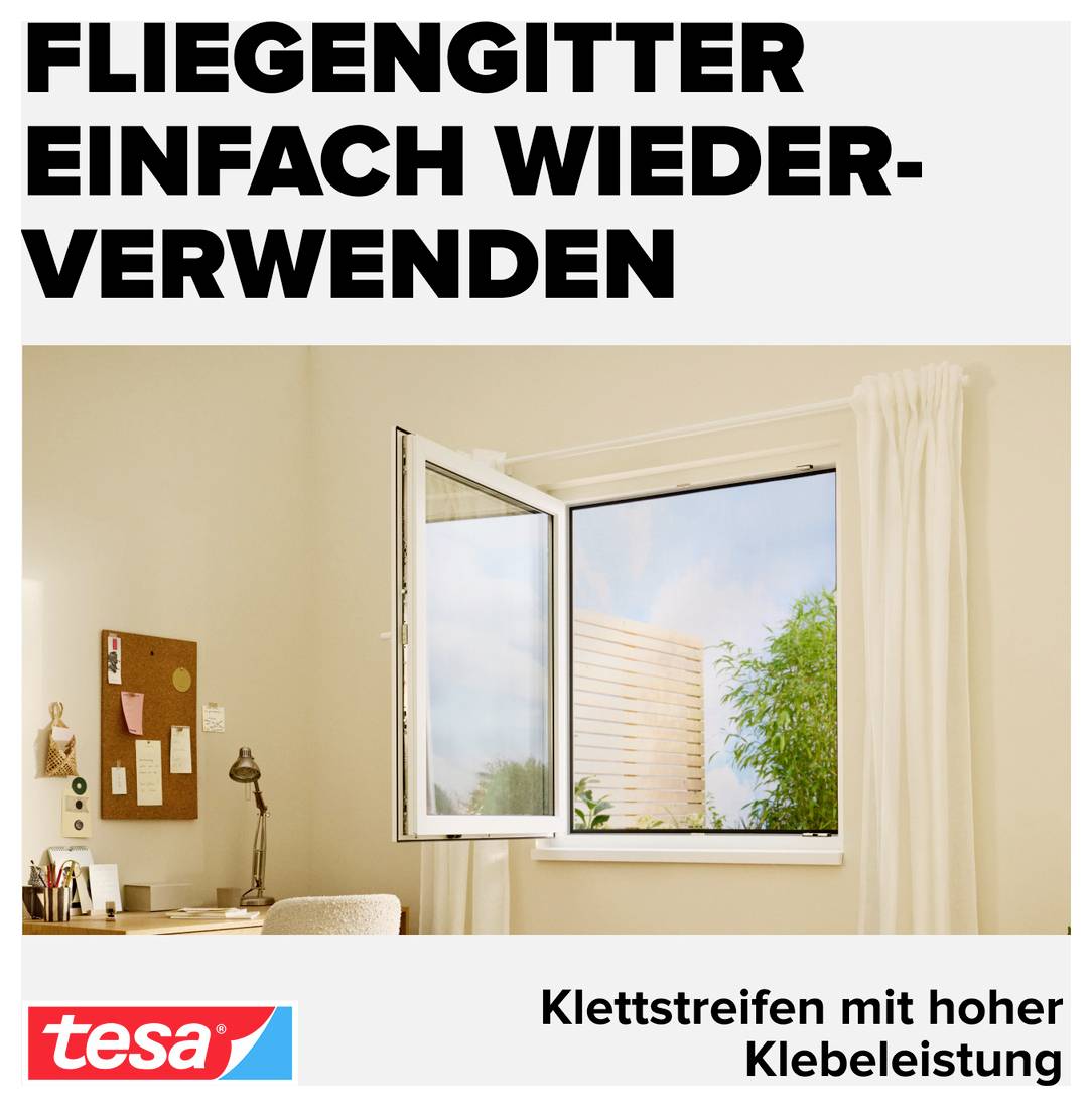 Reklamný plagát na opakovaně použiteľný lietací gáz s páskou na suchý zips od spoločnosti tesa; otvorené okno s výhľadom von, slogan "Lietací gáz jednoducho opakovaně použiť".