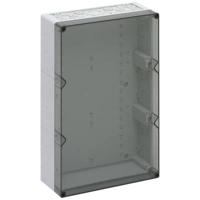 Sivý plastový box pravouhlého tvaru pre elektrické inštalácie, s odnímateľným krytom, bez viditeľných zariadení alebo pripojení.