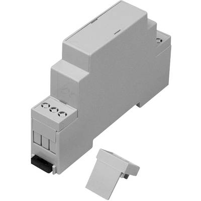 Šedý, obdĺžnikový elektronický kryt, typicky používaný na montáž na DIN lištu v elektrických rozvádzačoch.