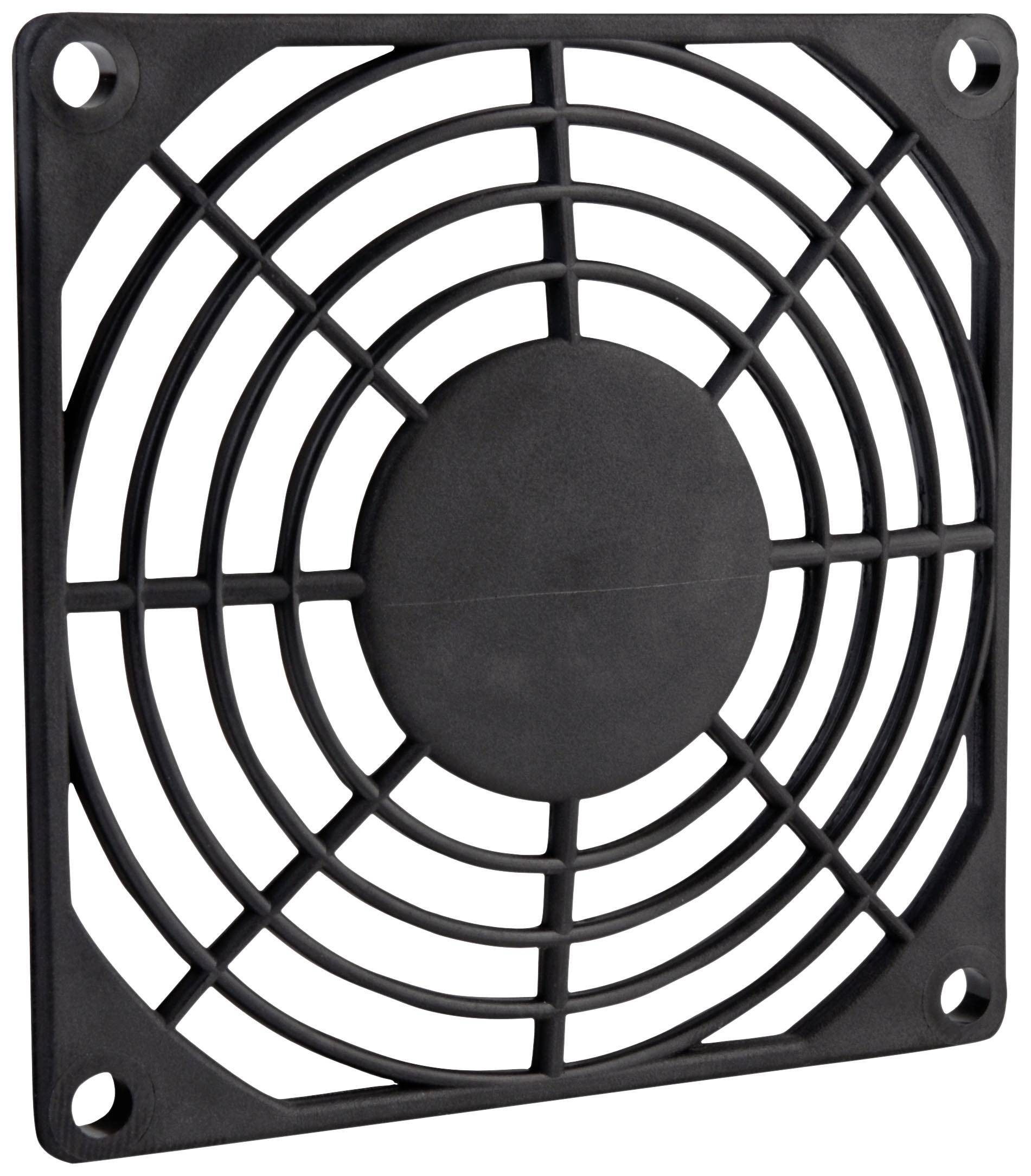 Čierny ventilátor so štvorcovým rámom a kruhovými mriežkami, používaný na zakrytie a ochranu vetracích systémov.