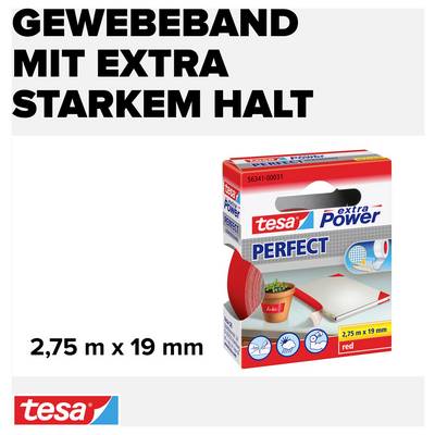 Textilná páska s mimoriadne silným držaním v veľkým písmom. Na obrázku je balenie tesa PERFECT textilnej pásky, rozmery: 2,75 m x 19 mm.