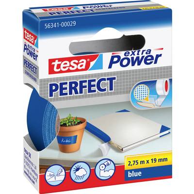 Balenie pásky Tesa extra Power Perfect, 2,75m x 19mm, modrá. Škatuľa obsahuje obrázky znázorňujúce použitie ako opravy a zväzovanie.