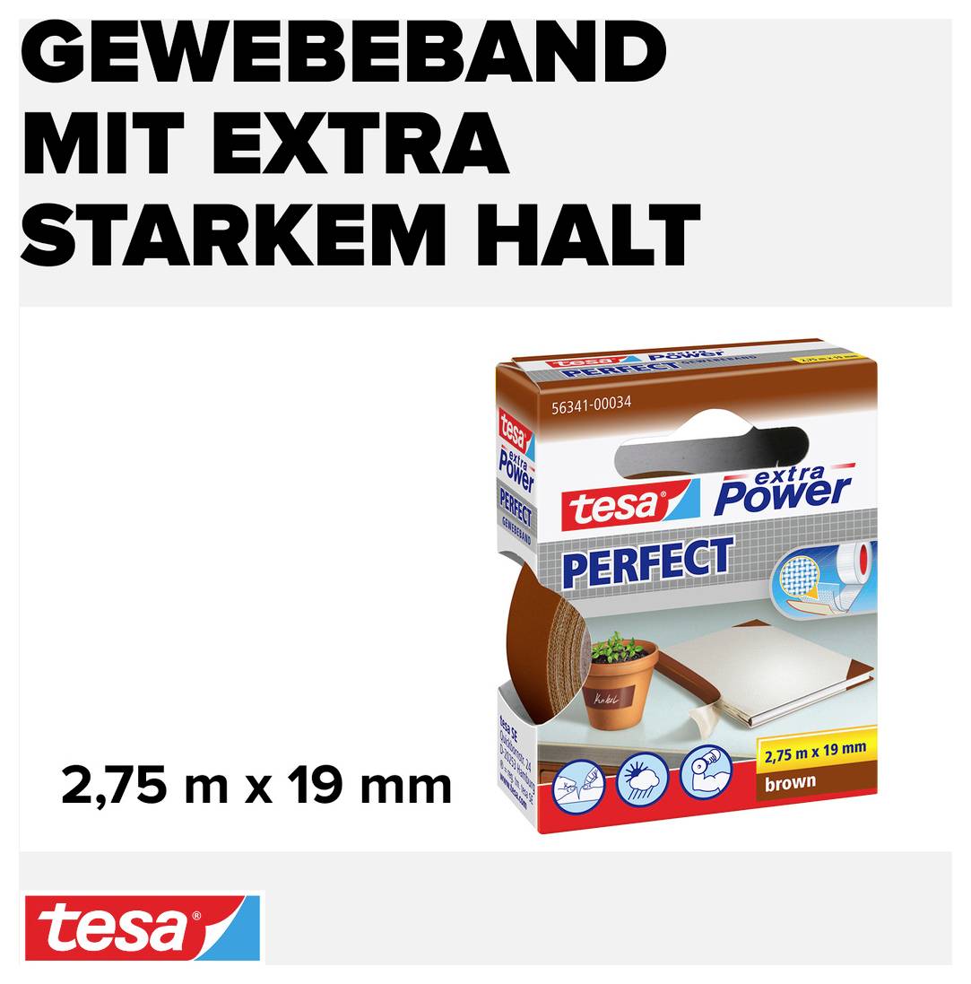 Textilná páska s mimoriadne silným držaním. Ilustrácia zobrazuje balenie 'tesa extra Power Perfect' lepiaca páska, 2,75 m x 19 mm, hnedá.