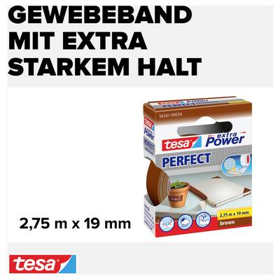 Textilná páska s mimoriadne silným držaním. Ilustrácia zobrazuje balenie 'tesa extra Power Perfect' lepiaca páska, 2,75 m x 19 mm, hnedá.