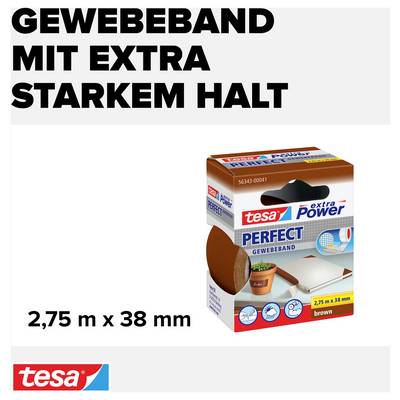 Textilná páska s mimoriadne silným uchytením od tesa v hnedej farbe, 2,75 m x 38 mm. Obrázok ukazuje obal produktu s piktogramami a textom.