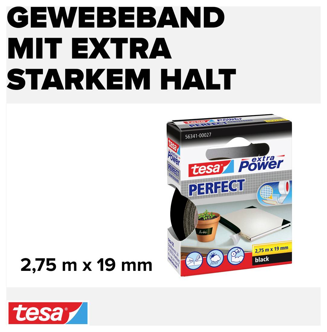 Obal výrobku 'tesa extra Power Perfect' textilná páska, čierna, 2,75 m x 19 mm, s mimoriadne silnou priľnavosťou, na opravy.