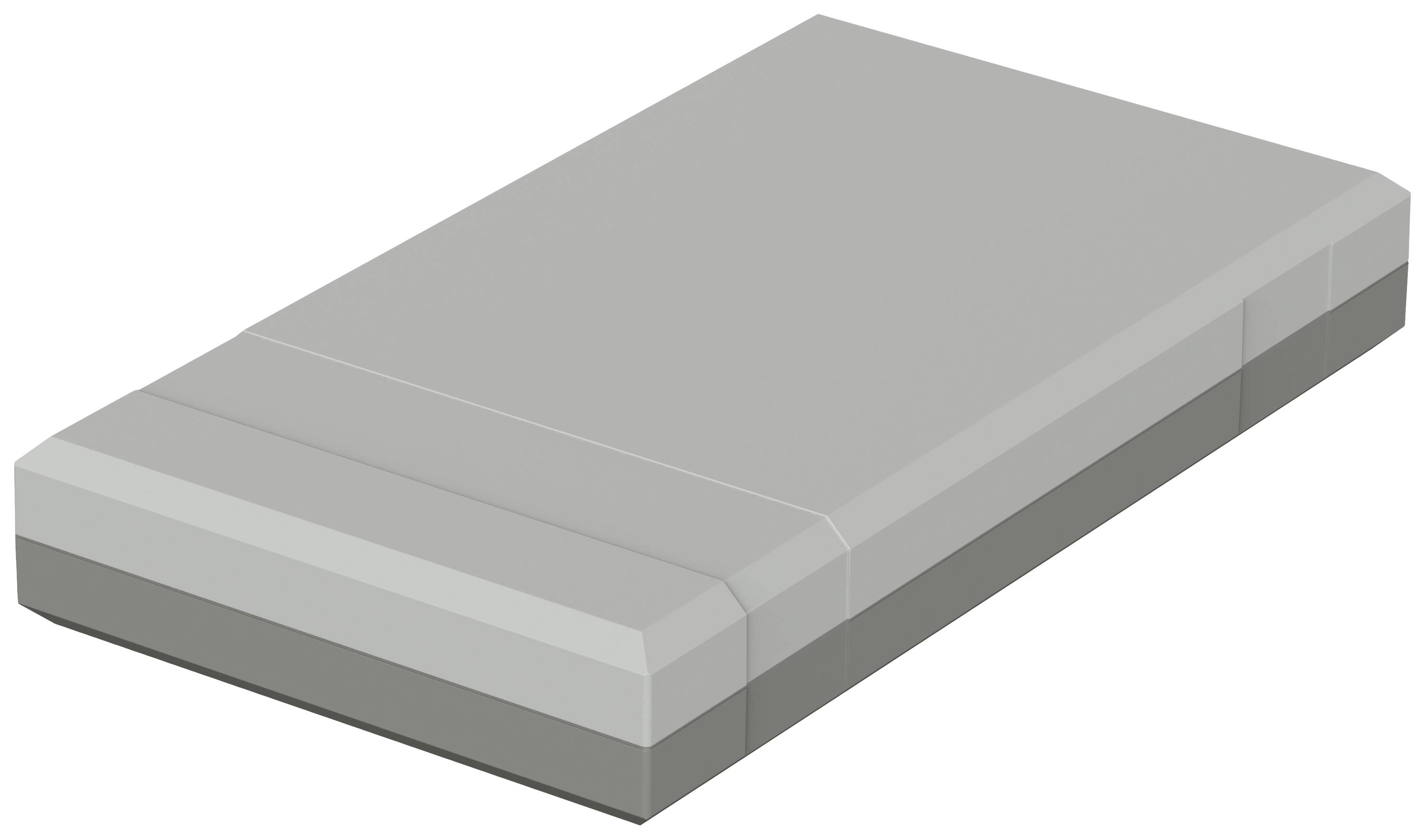 Sivý, obdĺžnikový betónový blok so skoseným hranami, znázornený v 3D.