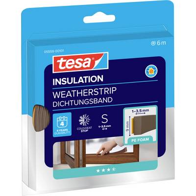 Obrázok ukazuje balenie "tesa Insulation Weatherstrip" na okná. Obsahuje penové tesnenie z PE, ponúka ochranu pred chladom a teplom, veľkosť S, hrúbka 1-3,5 mm a trvanlivosť 4 roky.