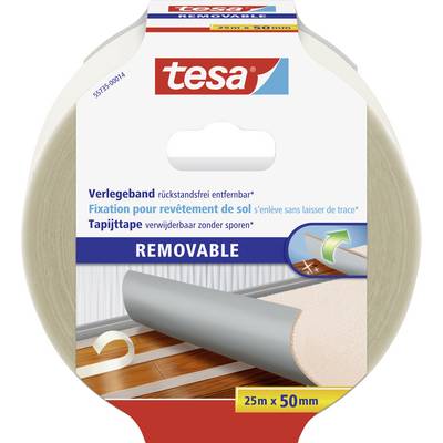 Obal role lepiacej pásky Tesa na koberce. Popis: 'Montážna páska bez zanechania zvyškov'. Veľkosť: 25m x 50mm.