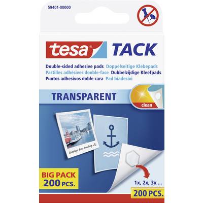 Balenie Tesa Tack transparentných obojstranných lepiacich podložiek. Obsahuje 200 kusov, vhodné na upevnenie obrázkov na hladké povrchy.