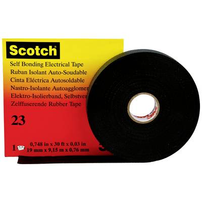 Čierna elektrická izolačná páska 'Scotch' na žltom obale, samolepiaca, rolka s rozmermi: 19 mm x 9,15 m x 0,76 mm.