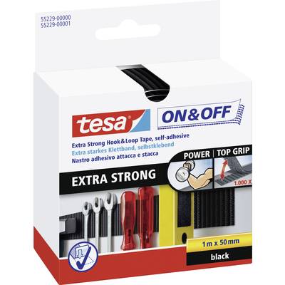 'tesa ON & OFF' balenie ukazuje samolepiaci suchý zips v čiernej farbe. Text zdôrazňuje silu a všestrannosť, obrázok prezentuje možnosti použitia.