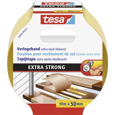 'Inštalačná páska tesa extra silná, 10 m x 50 mm, na podlahové krytiny. Obrázok ukazuje balenie s návodom na použitie.'