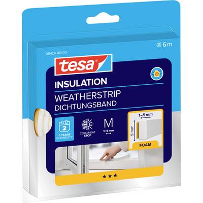 Obrázok balenia Tesa Weatherstrip, obsahuje izoláciu na ochranu pred chladom/teplom, stredná veľkosť (1-5 mm), dĺžka 6 metrov, penová materiál.