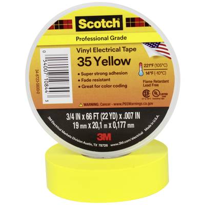 Žlté vinylové izolačné páska Scotch, profesionálna kvalita, 19 mm x 20,1 m, teplotne odolná do 105°C, samozhasínacia.
