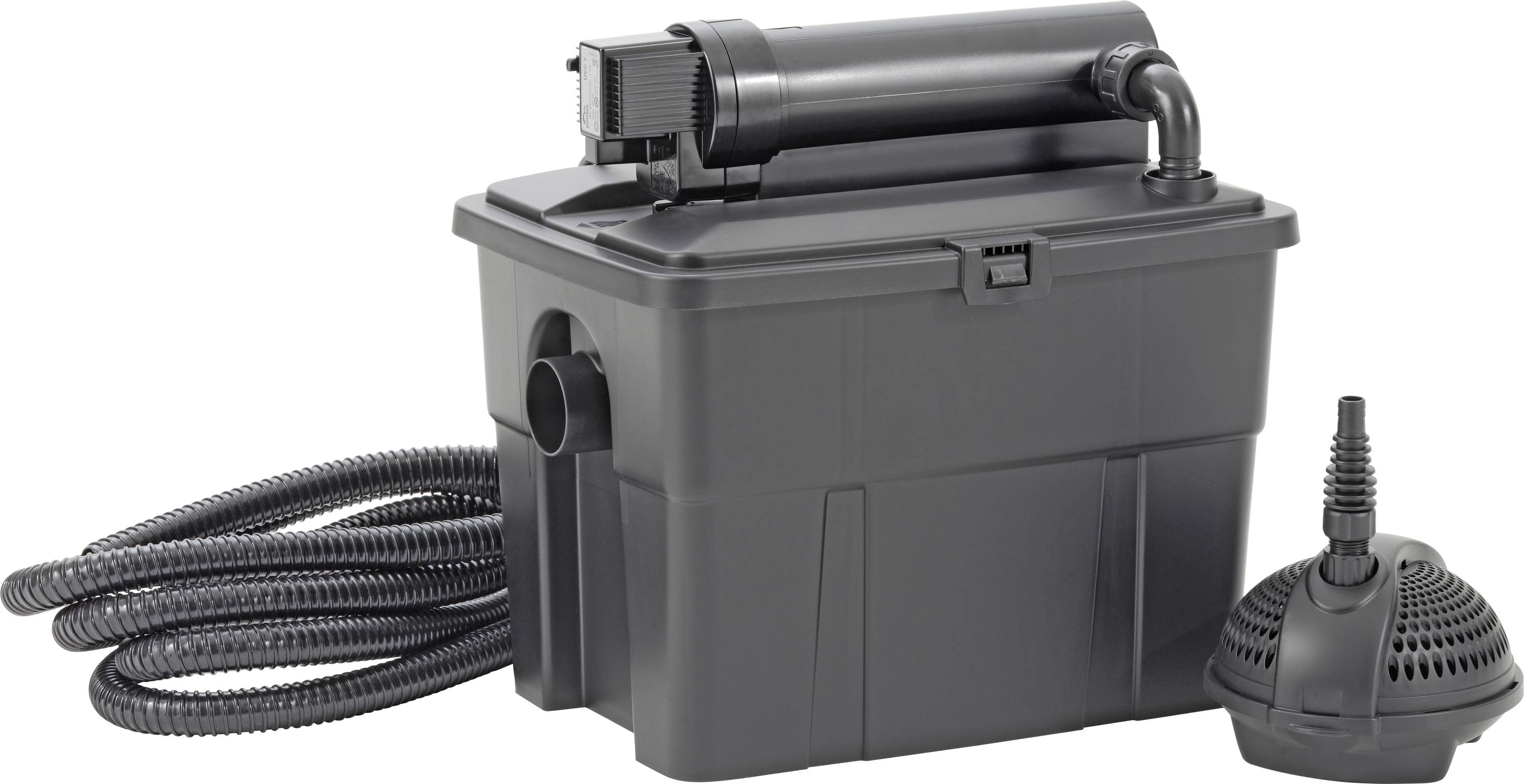 Čierny systém filtrácie rybníka s hadicami a čerpadlom, navrhnutý na filtráciu vody v záhradných jazierkach, zobrazený v neutrálnom prostredí.
