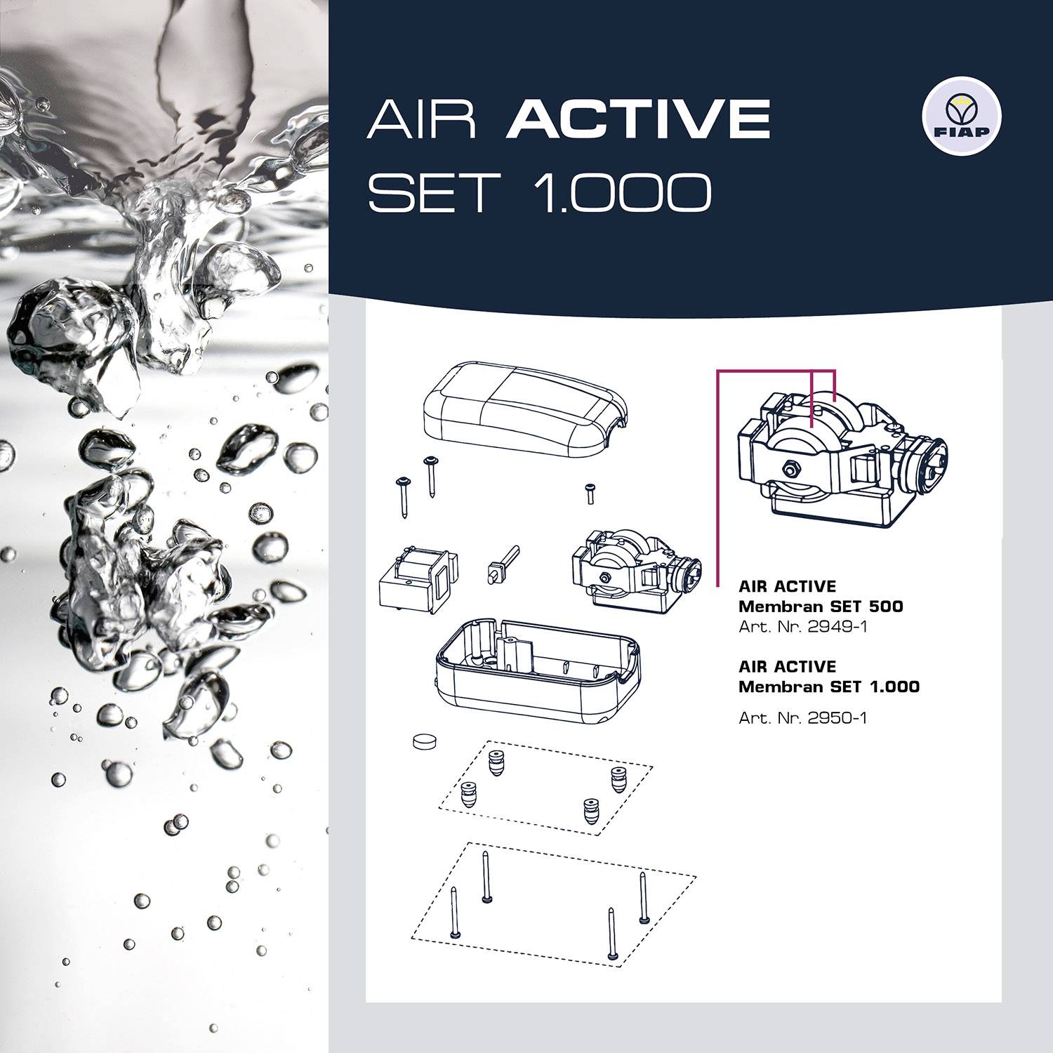 Diagram produktu AIR ACTIVE SET 1.000 s rôznymi komponentmi a kusovníkom. Filtračná technológia od FIAP.