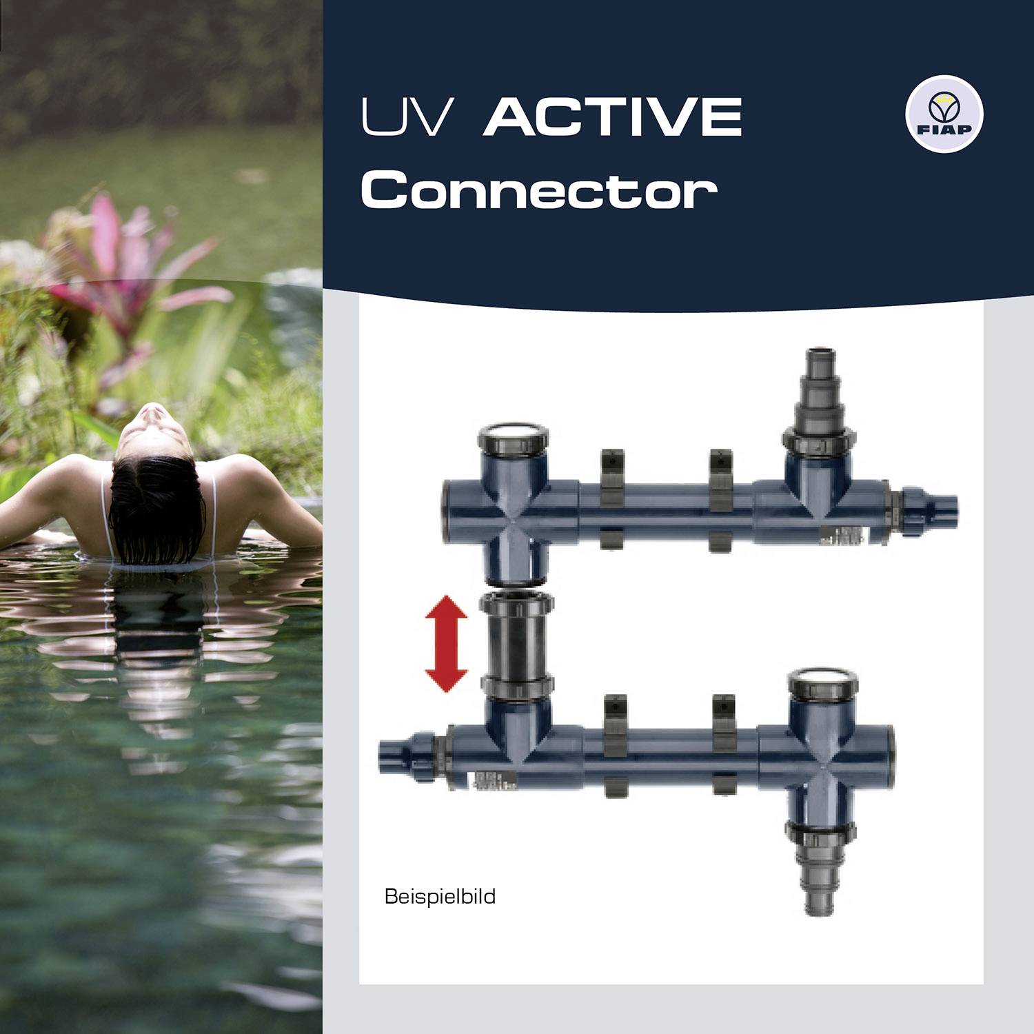Logo 'UV ACTIVE Connector' a logo FIAP v pravom hornom rohu. Obrázok zobrazuje osobu vo vode vedľa technickej súčiastky s textom 'Príkladový obrázok'.