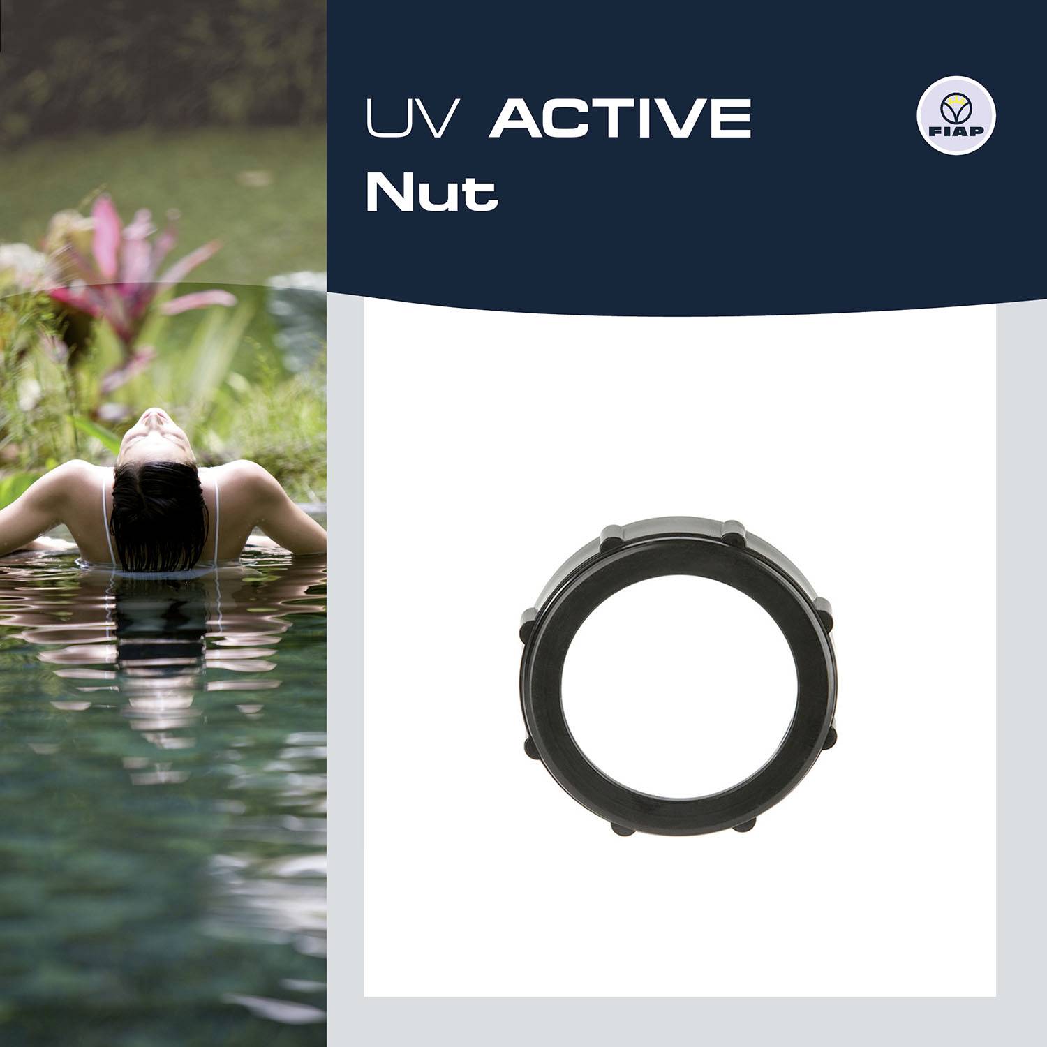 Na obale je napísané 'UV ACTIVE Nut'. Vpravo je zobrazená čierna matka a vľavo je relaxujúci človek v bazéne.