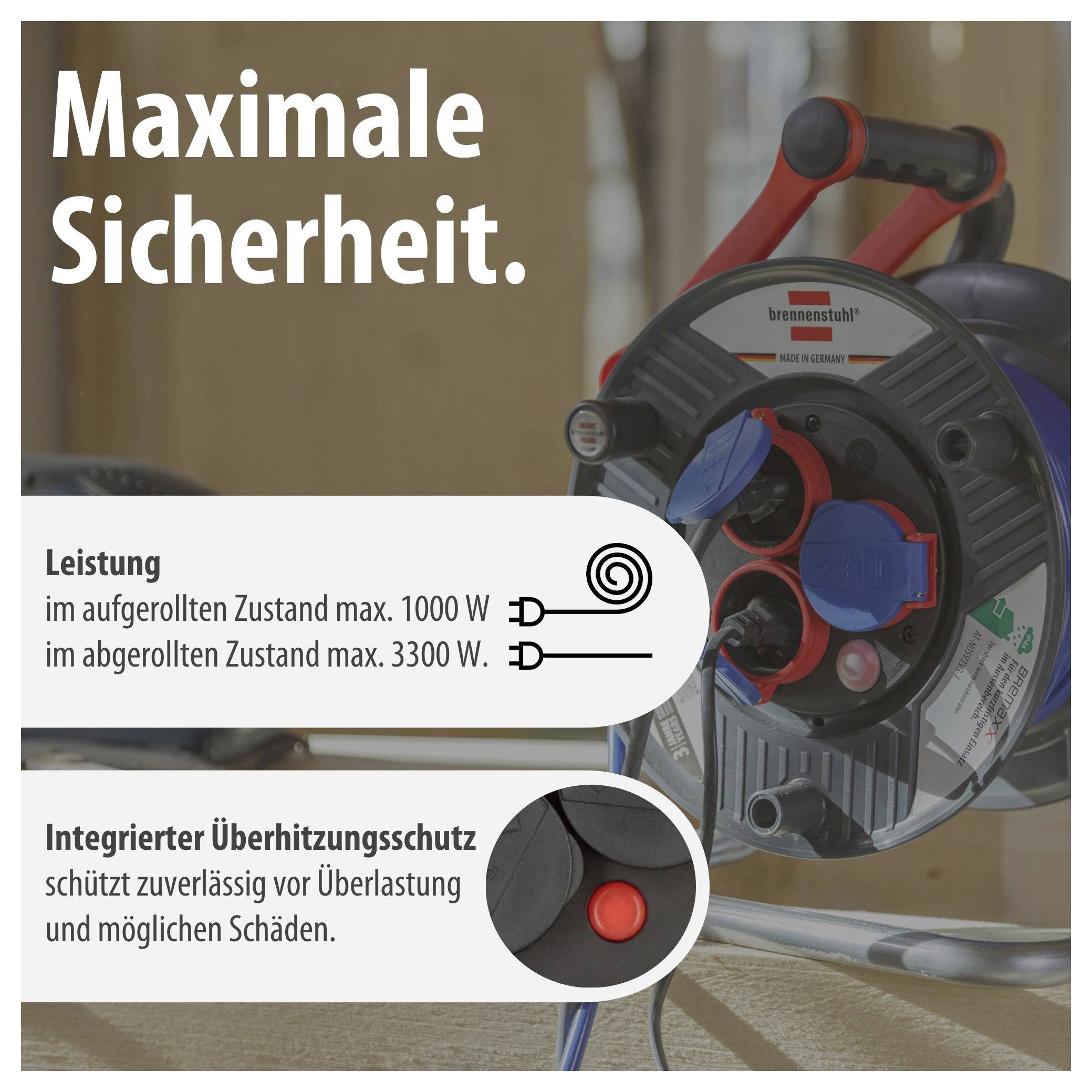 Reklamná ilustrácia zvinutého kábla s "Maximálna bezpečnosť."; ukazuje výkon až do 1000 W v navinutom stave a 3300 W v odvinutom stave, ako aj integrovanú ochranu pred prehriatím.