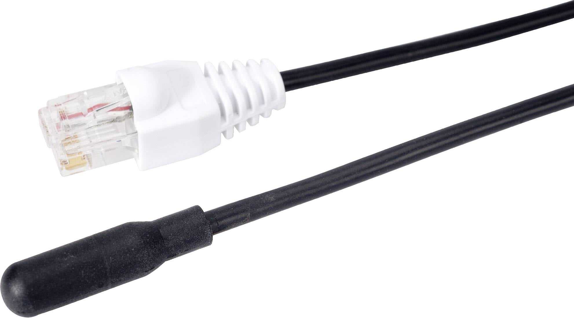 Ethernetový kábel s RJ45 konektorom a senzorom na druhom konci, pravdepodobne určený na monitorovanie teploty.
