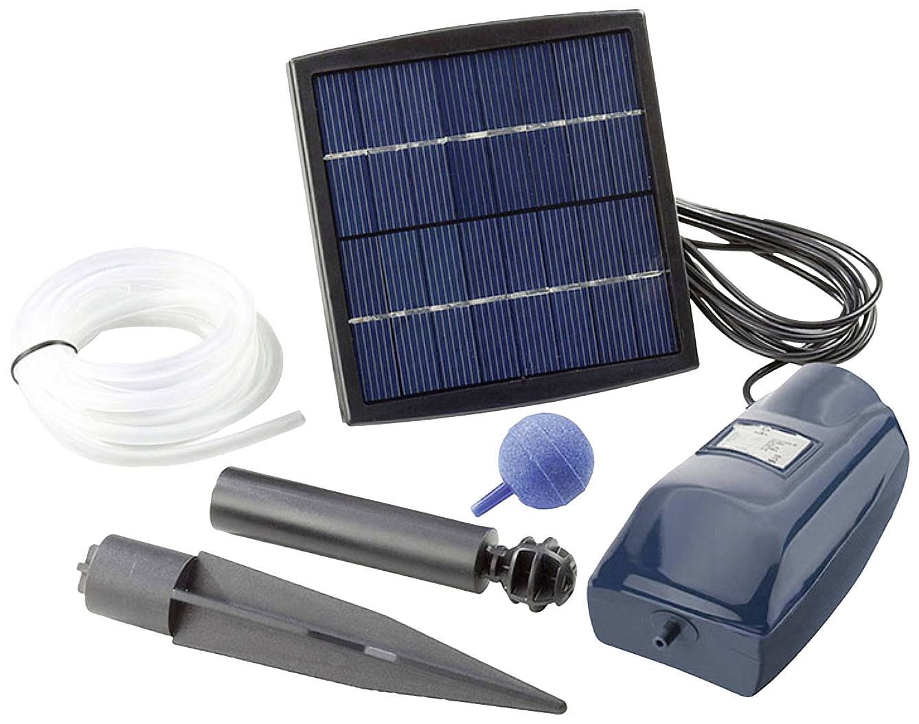 Sada na prevzdušňovanie jazierka so solárnym článkom, vzduchovou hadicou, prevzdušňovacím kameňom a čerpadlom. Ideálna pre energeticky efektívne dodávanie kyslíka.