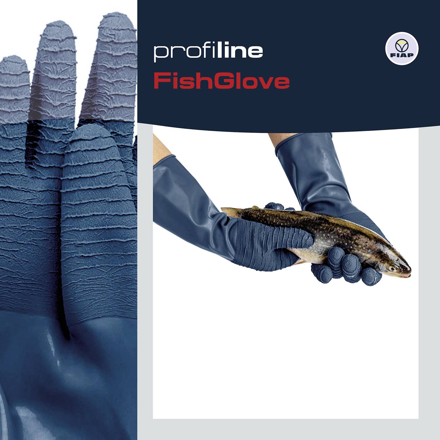 Modré rukavice držia rybu. Vľavo detailný záber rukavice. Logo 'profi line' a 'FishGlove'.