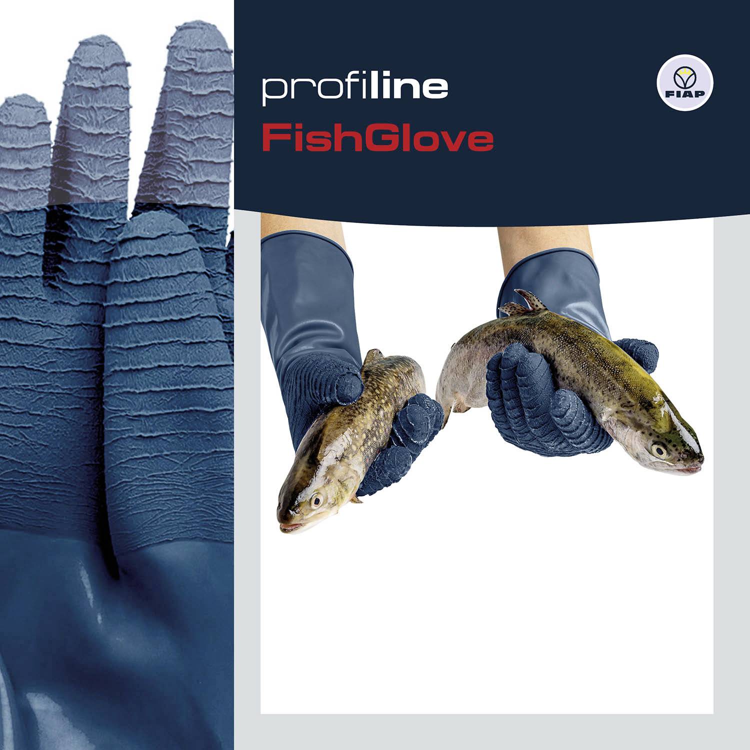 'Profiline FishGlove': Dve rukavicami chránené ruky držia rybu. Rukavica má štruktúrovaný povrch. Logo v pravom hornom rohu.