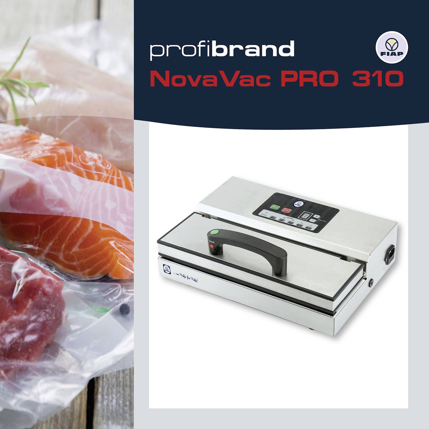 Vákuovací prístroj 'NovaVac PRO 310' vedľa vákuovo zabaleného mäsa a lososa na drevenej doske.