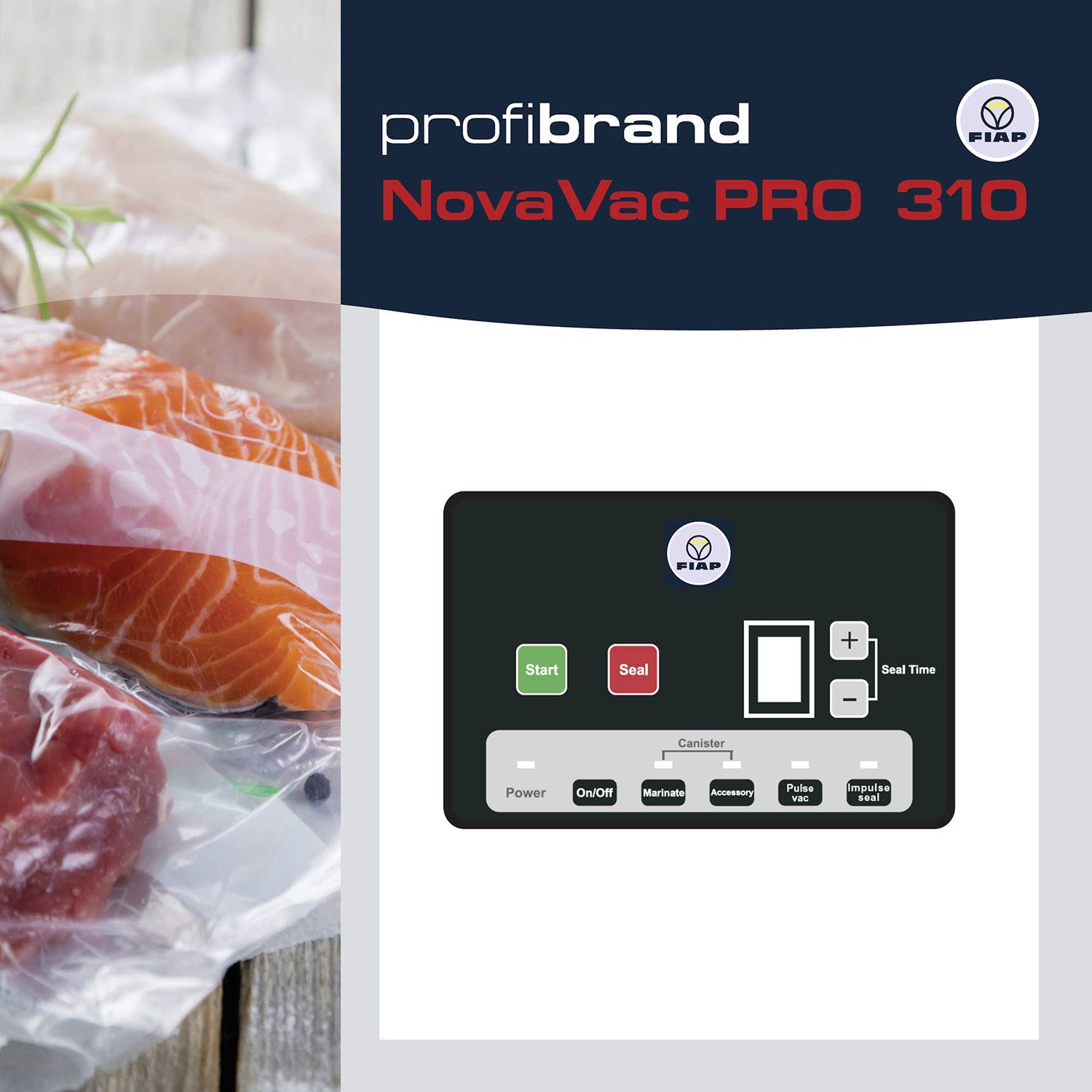 Na obrázku je vákuovací prístroj 'NovaVac PRO 310' od značky Profibrand. Vpravo sú viditeľné ovládacie tlačidlá, vľavo vákuovo zabalené mäso.