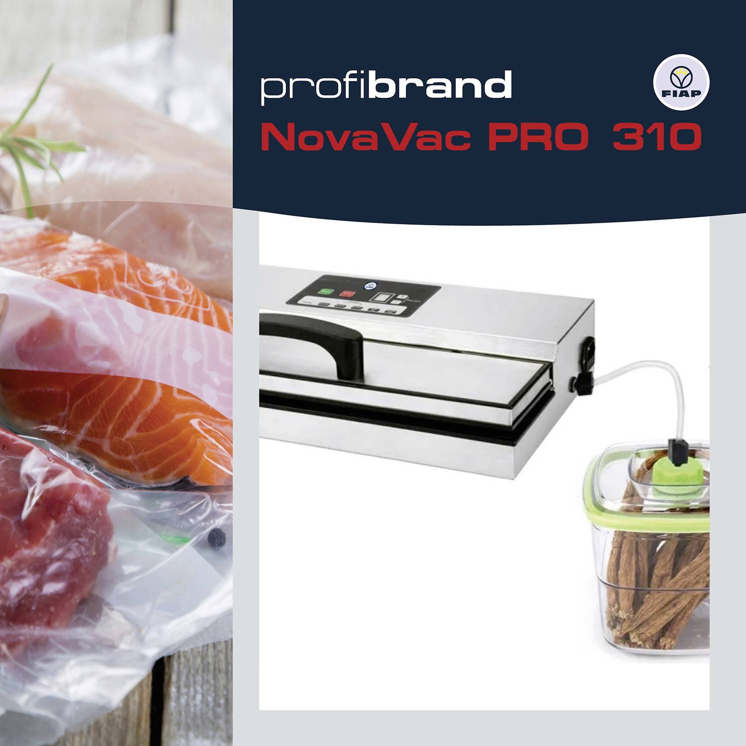 Vákuovací prístroj 'NovaVac PRO 310' od spoločnosti 'profibrand', zobrazený vedľa vakuovo zabalených potravín a sklenenej nádoby.