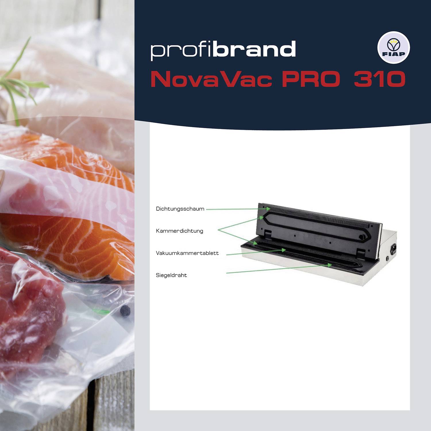 'NovaVac PRO 310' vákový zabalič vedľa vakuovo zabaleného lososa a hovädzieho mäsa. Technický nákres zariadenia s pomenovanými súčasťami.