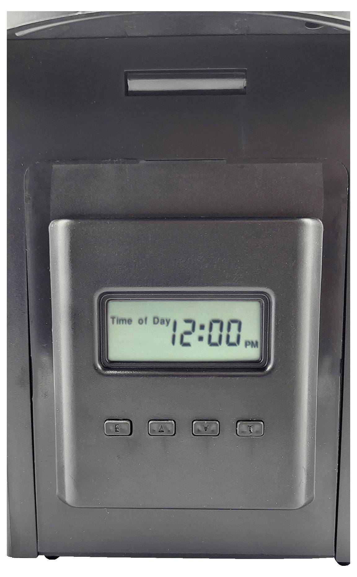Digitálny displej hodín zobrazuje 'Čas dňa 12:00 PM' nad ovládacími tlačidlami.