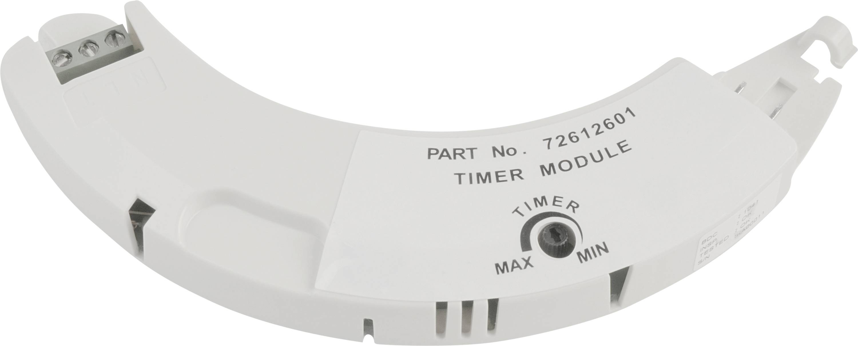 Biely, zakrivený časový spínací modul s nápisom 'PART No. 72612601 TIMER MODULE'. Otočný regulátor pre nastavenia Min/Max.